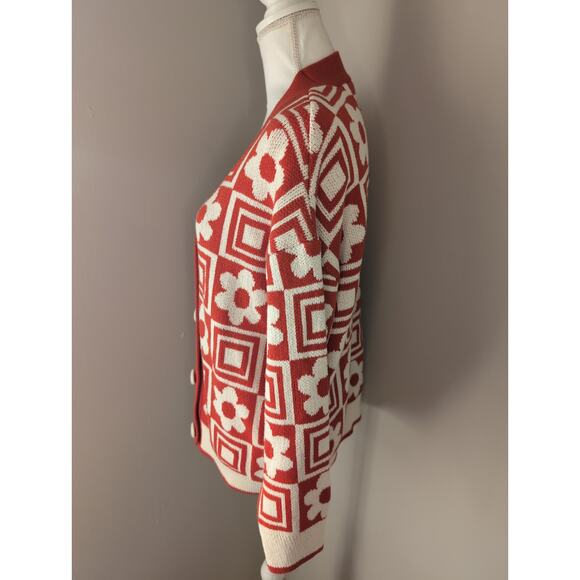 Zara Orange floral 90s funky geometric M knit button up sweater cardi - Picture 4 of 7